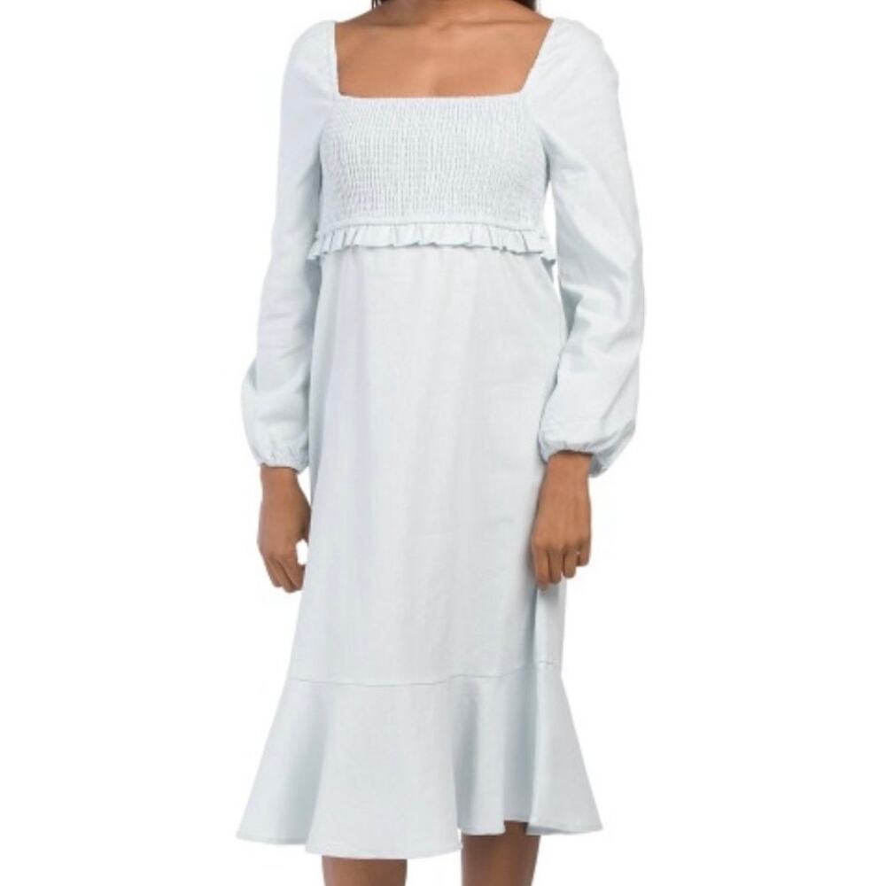 7 For All Mankind Linen and Cotton Blend Smocked Puff Sleeve Midi Dress